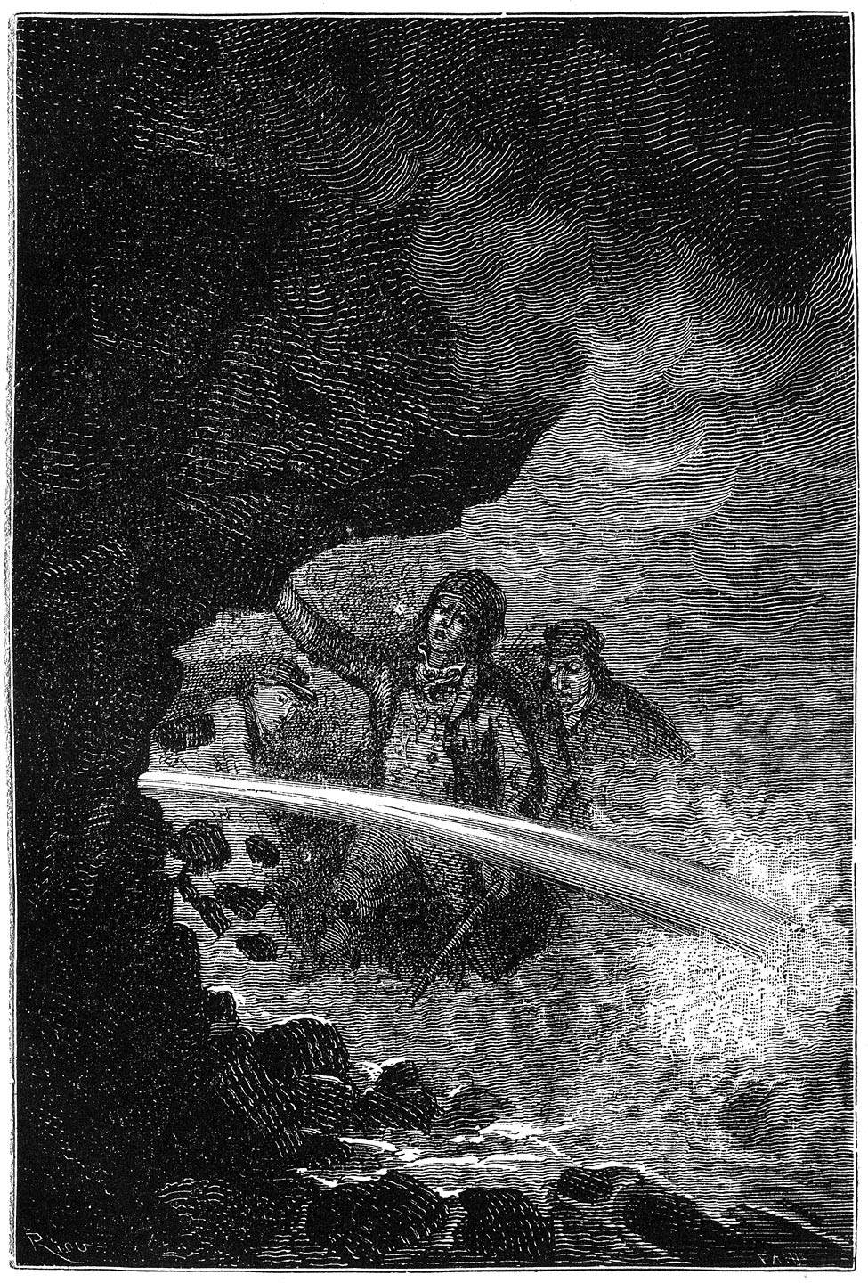 Een waterstraal spoot uit den muur.