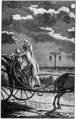 The assailant is strangling his victim with a whip-thong; nearby is a typical roadside gallows with two highwaymen dangling from the cross-tree—(<i>From the Newgate Calendar</i>)