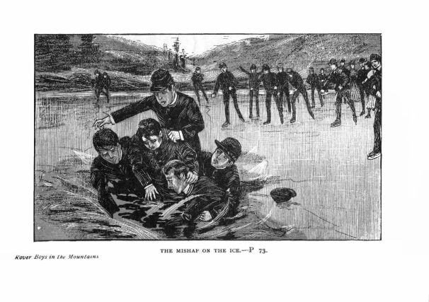 Illustration: THE MISHAP ON THE ICE.—P. 73. Rover Boys in the Mountains.