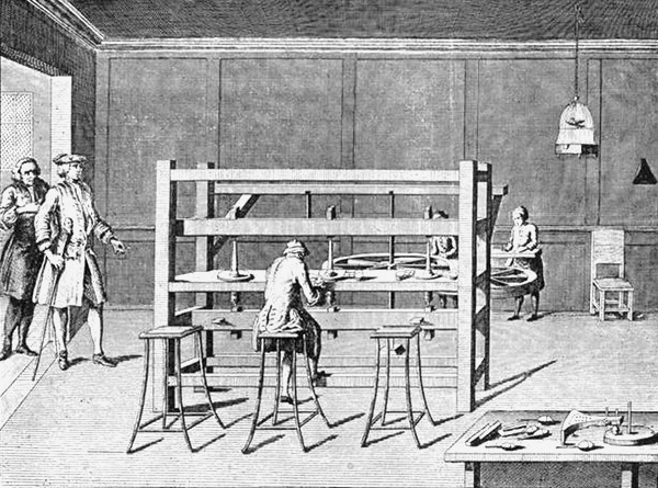 Diamond cutter's shop, eighteenth century, in which the diamond-cutting mill is operated by man-power." Published in the Universal Magazine of Knowledge and Pleasure, by John Hinton, England, July, 1749