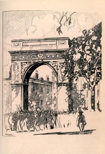 THE WASHINGTON ARCH. A SPLENDID SENTINEL GUARDING THE APPROACH TO THE AVENUE. BEYOND, HOUSES DATING FROM THE THIRTIES OF THE LAST CENTURY, THAT MARK THE BEGINNING OF THE STRETCH OF TRADITION