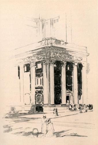 WHERE THE AVENUE AND THIRTY-FOURTH STREET CROSS STANDS THE BUILDING POPULARLY KNOWN AS THE KNICKERBOCKER TRUST COMPANY. HERE, IN THE MIDDLE OF THE LAST CENTURY, "SARSAPARILLA" TOWNSEND BUILT IN BROWN-STONE, AND A. T. STEWART LATER BUILT IN WHITE MARBLE