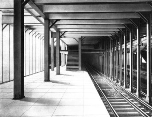 EXPRESS STATION AT 14TH STREET, SHOWING ISLAND AND MEZZANINE PLATFORMS AND STAIRS CONNECTING THEM