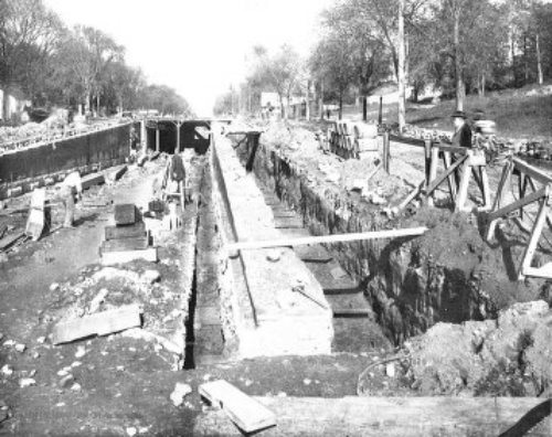 MOVING BRICK AND CONCRETE RETAINING WALL TO MAKE ROOM FOR THIRD TRACK—BROADWAY AND 134TH STREET