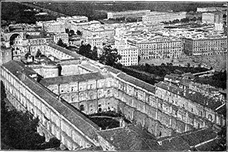 THE VATICAN  A bird's-eye view from the dome of St. Peter's. COPYRIGHT BY UNDERWOOD & UNDERWOOD, N.Y.