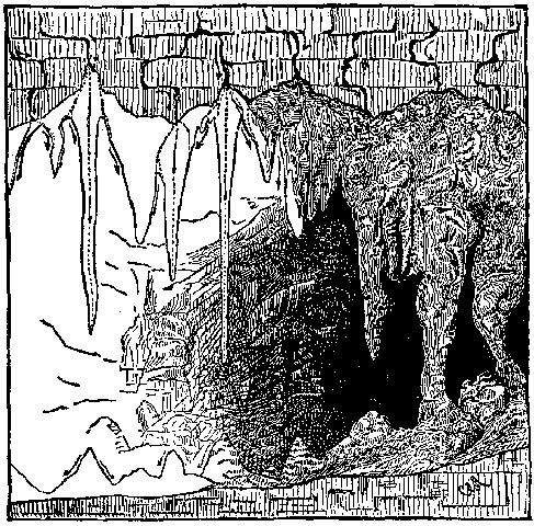 Fig. 13.—Stalactites and stalagmites on roof and floor of a cavern. The arrows show the direction of the moving water.