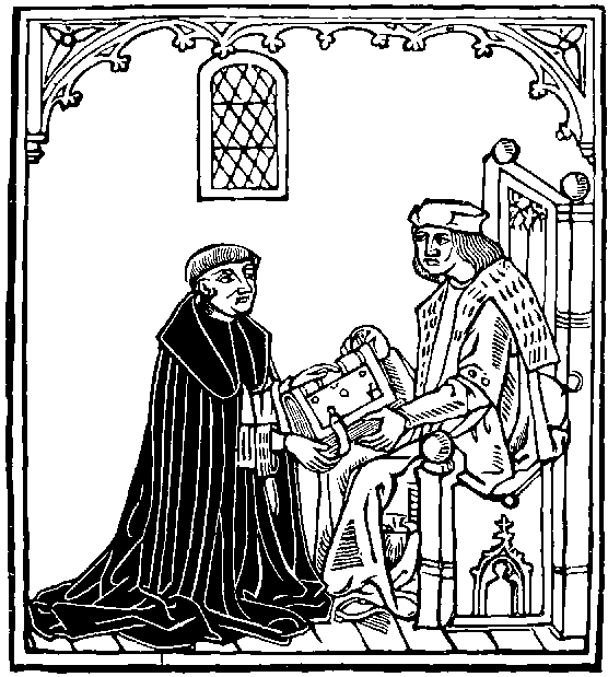 Barclay presents a book to his patron.