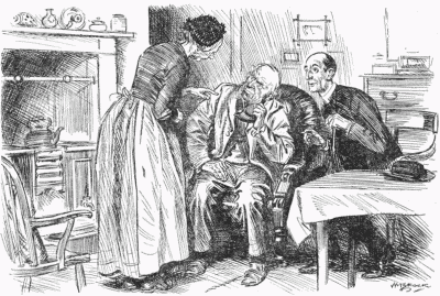 Vicar. "I UNDERSTAND FROM THE DOCTOR THAT YOUR HUSBAND IS HEARING BETTER WITH THIS EAR." Darby. "EH, WHAT? WHAT'S 'E SAY, JOAN?" Joan. "'E SAYS 'E UNDERSTANDS FROM THE DOCTOR THAT YOU'RE 'EARING BETTER WITH THAT THERE."