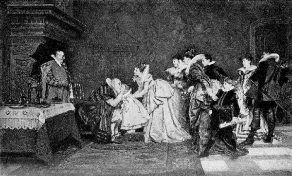 A group of men and women, all wearing sumptuous Elizabethan clothing are gathered together in a room. Carved wooden furniture and doors are visible around the edges of the painting. They look on, smiling, as an elderly man seated in a carved chair kisses the cheek of a little girl, who is standing on a footstool in front of him. One woman holds the arm of a boy, who seems to be trying to pull away from her.