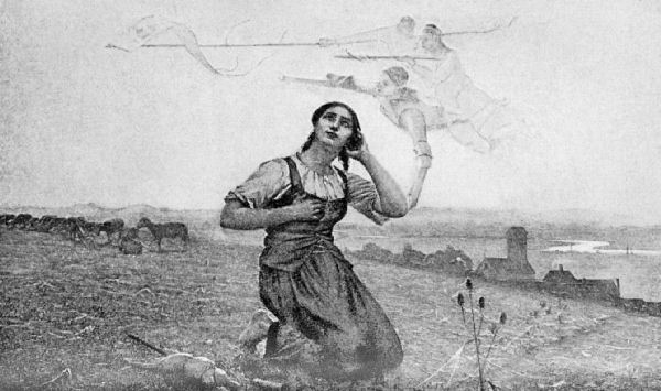 A girl wearing simple clothing kneels in a field at the centre of the painting, looking upwards and holding her left hand to her ear. Three ethereal figures float above her. They look like children. One is touching her elbow and pointing, the second carries a sword, and the third carries a banner. A herd of goats are in the background, some buildings are in the distance, and a river and hills are in the far distance.