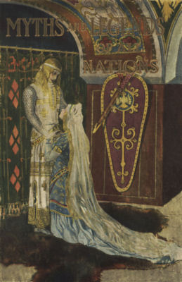 Cover of Myths & Legends of All Nations, showing Elsa kneeling before Lohengrin.