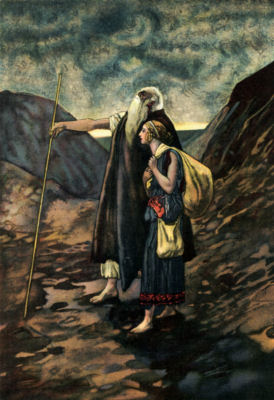 Œdipus, leaning on a staff, is guided by his daughter, who carries their belongings in a pouch slung over her back.