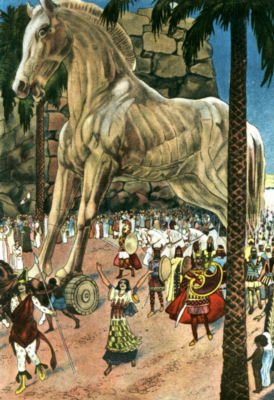 The people of Troy watch and celebrate as the enormous wooden horse is dragged back to their city.