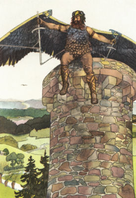 Wayland, wearing his feather shirt, wings outstretched, launches himself from the top of a tower.