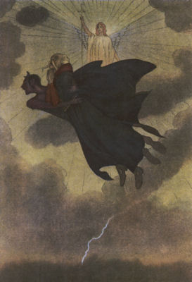 Under a dark sky split by lightning, the devil carries off Twardowski. An angelic figure stands in the heavens in the background, holding a sword.