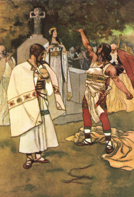 A woman dressed in white robes stands, surrounded by other people. Two men stand in front of her. One, his cloak thrown to the ground, gestures at the woman.