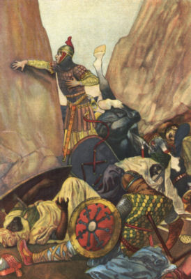 An armoured man, surrounded by the bodies of men and horses, leans against a wall of rock clutching a wound in his chest.