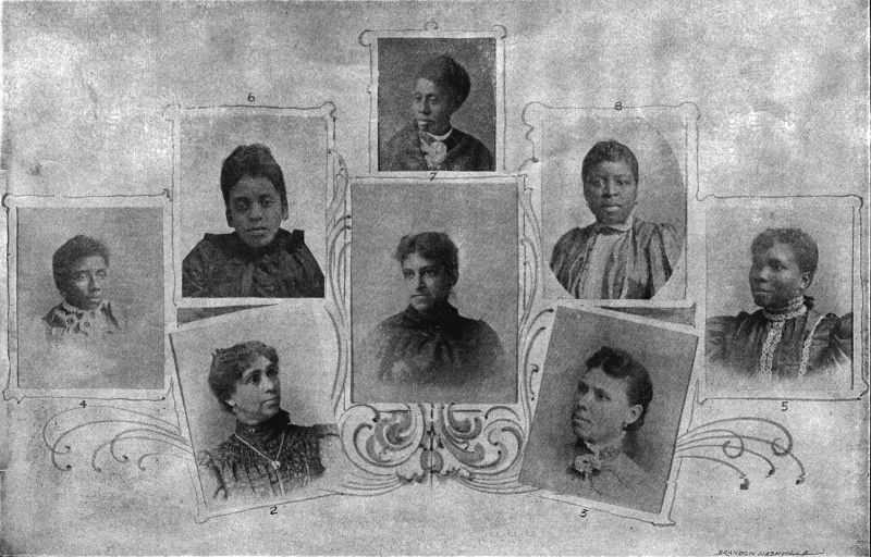 Officers of the Woman's Board.—1. Mrs J. C. Thompson, President; 2. Mrs. J. S. Lovell, Fifth Vice President; 3. Mrs. W. H. Key, Treasurer; 4. Mrs. Lizzie E. Robinson, Seventh Vice President; 5. Miss Nannie E. Perkins, Recording Secretary; 6. Mrs J. Ira Watson, Sixth Vice President; 7. Mrs. J. C. Tate, First Vice President; 8. Miss Laura B. Hobson, Corresponding Secretary.