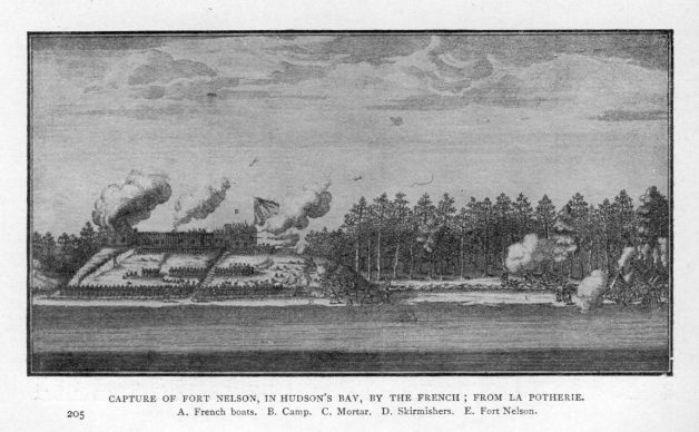 Capture of Fort Nelson, in Hudson's Bay, by the French; from La Potherie.  A. French boats.  B. Camp.  C. Mortar.  D. Skirmishers.  E. Fort Nelson.