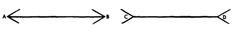 Two lines, AB and CD. AB has an outward pointing arrow on each side, while CD has them pointing the opposite way. A <----> B C >----< D