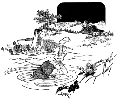 Le loup, entraîné par le poids, tombe dans l'étang Le loup, entraîné par le poids, tombe dans l'étang