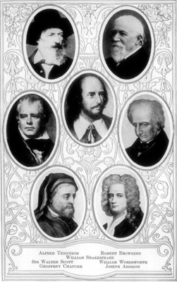 Alfred Tennyson Robert Browning William Shakespeare Sir Walter Scott William Wordsworth Geoffrey Chaucer Joseph Addison Portraits