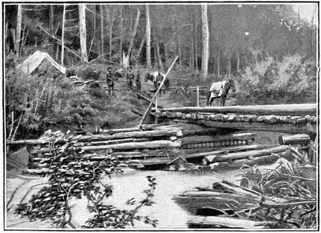 PASSAGE D'UN AFFLUENT DU YUKON. DESSIN DE GOTORBE, PHOTOGRAPHIE DE LA ROCHE, À SEATTLE.