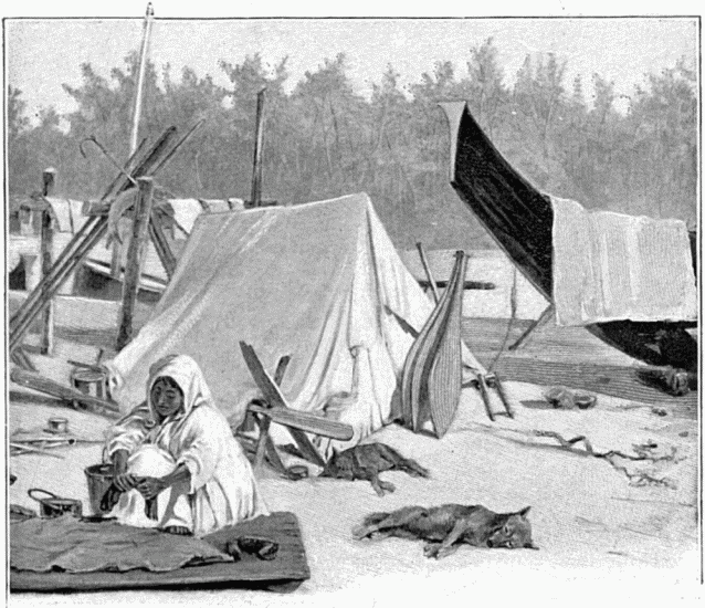 CAMP INDIEN À DYEA. DESSIN DE MADAME PAULE CRAMPEL, D'APRÈS LE CROQUIS DE L'AUTEUR.