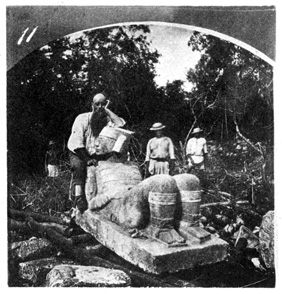 The Chacmool on display outside the excavation, with Le Plongeon leaning on it.