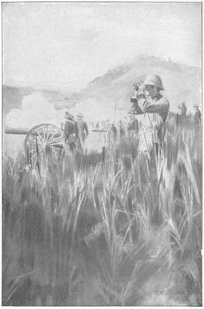 Officers watching the artillery play on Coamo.  Drawn by F. C. Yohn from a photograph by the Author