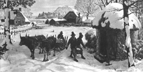 A winter scene suggestive of life on Jamestown Island about 1625. From a painting by Sidney King for Colonial National Historical Park.