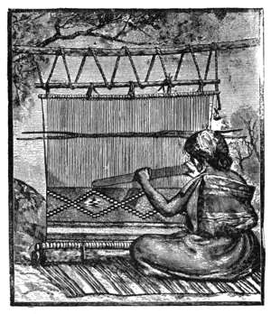 NAVAJO MATRON WEAVING A BLANKET.