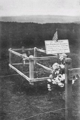 GRAVE OF FIRST AMERICAN KILLED IN FRANCE  Translation: Here Lie the First Soldiers of the Great Republic of the United States of America, Fallen on French Soil for Justice and for Liberty, November 3rd, 1917