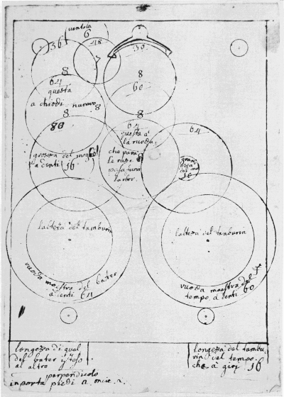 Figure 32.—Striking clock sketch found in Bertolla's manuscripts. (Courtesy of Museo Nazionale della Scienza e della Tecnica, Milan.)