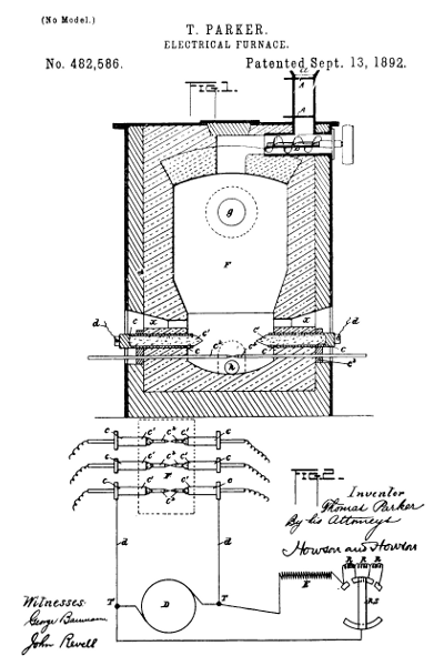 T. PARKER. ELECTRICAL FURNACE. Patented Sept. 13, 1892. Fig. 1.  Fig. 2. Inventor Thomas Parker By his attorneys Howson and Howson Witnesses: George Baumann John Revell