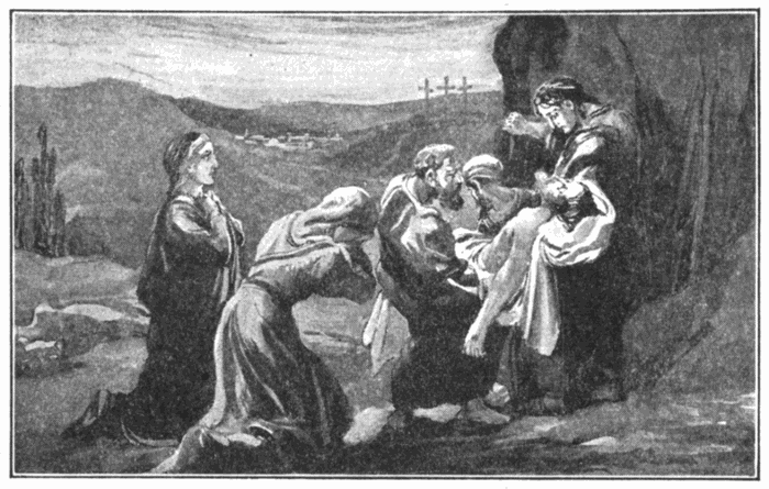 The Burial Of Christ. "God so loved the world, that He gave His only begotten Son." John 3:16. Illustration.