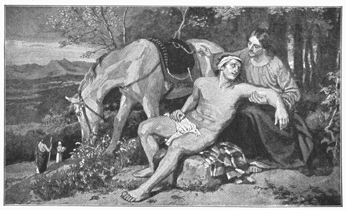 The Good Samaritan. "When he saw him, he had compassion on him, and went to him, and bound up his wounds." Luke 10:33, 34. Illustration.