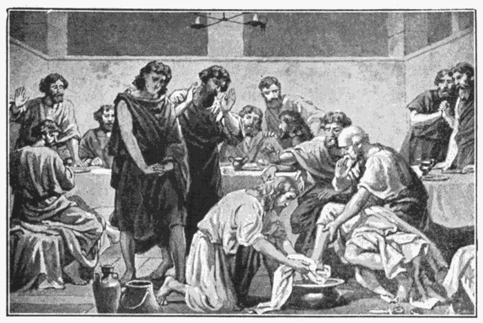 Jesus Washing The Disciples' Feet. "Whosoever of you will be the chiefest, shall be servant of all." Mark 10:44. Illustration.