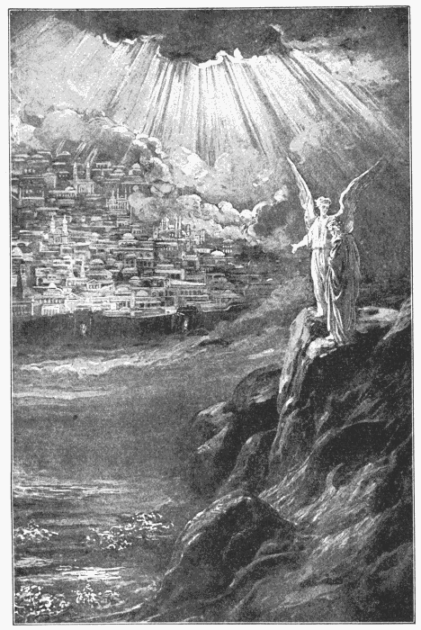 The Descent Of The New Jerusalem. "And I John saw the holy city, New Jerusalem, coming down from God out of heaven." Rev. 21:2. Illustration.