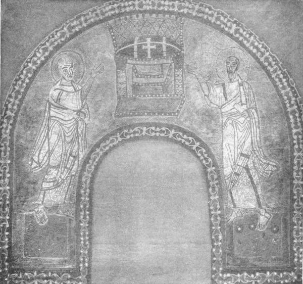 MOSAIC OF SS. PETER AND PAUL POINTING TO A THRONE, ON GOLD  BACKGROUND