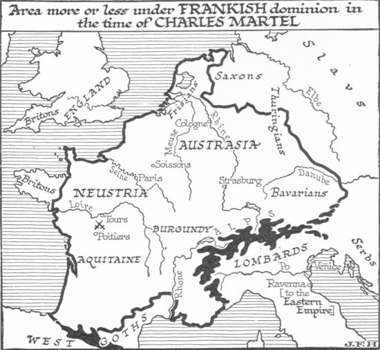 Map: Area more or less under Frankish dominion in the time of  Charles Martel
