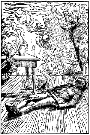 Vernet tied and gagged on the floor as the building around him burns