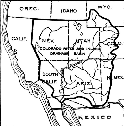 Map showing the Drainage Basin of the Colorado River and the Corrected Boundary Line and Neutral Zone between the United States and Mexico.  The area of the Drainage Basin of the Colorado River is 265,000 square miles. Japan has an area of 147,655 square miles. That is a territory smaller than the area of the Colorado River Drainage Basin in Arizona and New Mexico.