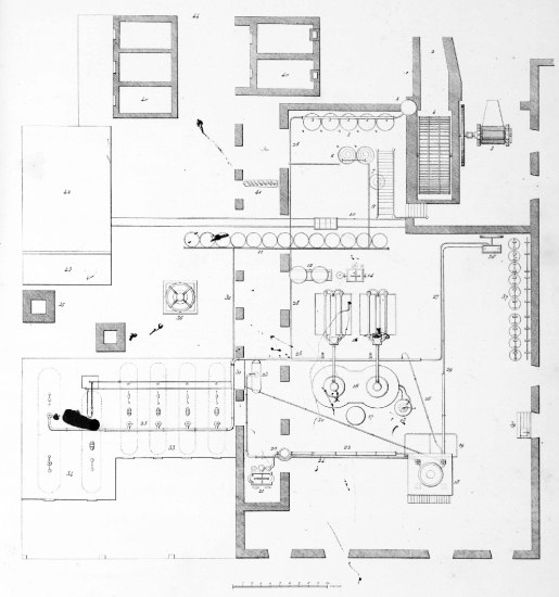 PLANO DE LA CASA DE CALDERAS DEL INGENIO AMISTAD  Con fuerza motriz hidráulica.—Propiedad del Sr. D. JOAQUIN DE AYESTARAN.