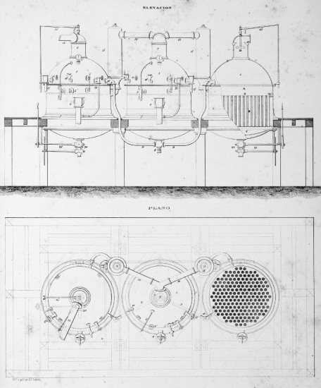 APARATO TUBULAR VERTICAL DE TRIPLE EFECTO  de los Sres. DEROSNE y CAIL puesto en el Ingenio ALAVA del Sr. D. JULIAN ZULUETA.