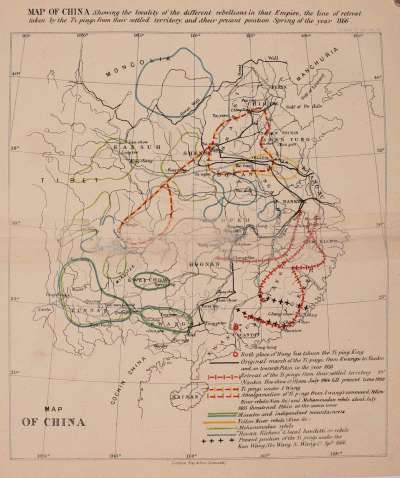 MAP OF CHINA Showing the locality of the different rebellions in that Empire, the line of retreat taken by the Ti-pings from their settled territory, and their present position Spring of the year 1866.