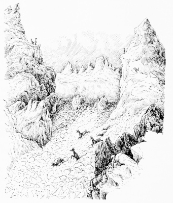 A CHAMOIS DRIVE—PICOS DE EUROPA  Diagram illustrative of text. Our positions on arête marked (1) and (2); “Cathedral” on right. Valley beyond full of driving mist (passing our power to depict).