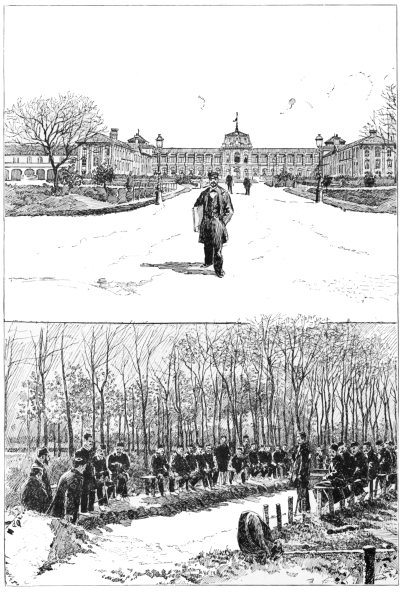 THE BUREAU DE BIENFAISANCE ASYLUM AT VINCENNES. 1. The Façade.      2. The Bowling Green.