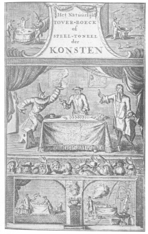 Frontispiece from Simon Witgeest’s “Book of Natural Magic” (1682), showing the early Dutch conception of conjuring. From the Harry Houdini Collection.