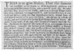 Clipping from the London Daily Post of August, 1735, in which Fawkes advertises his admission price as twelvepence. From the Harry Houdini Collection.